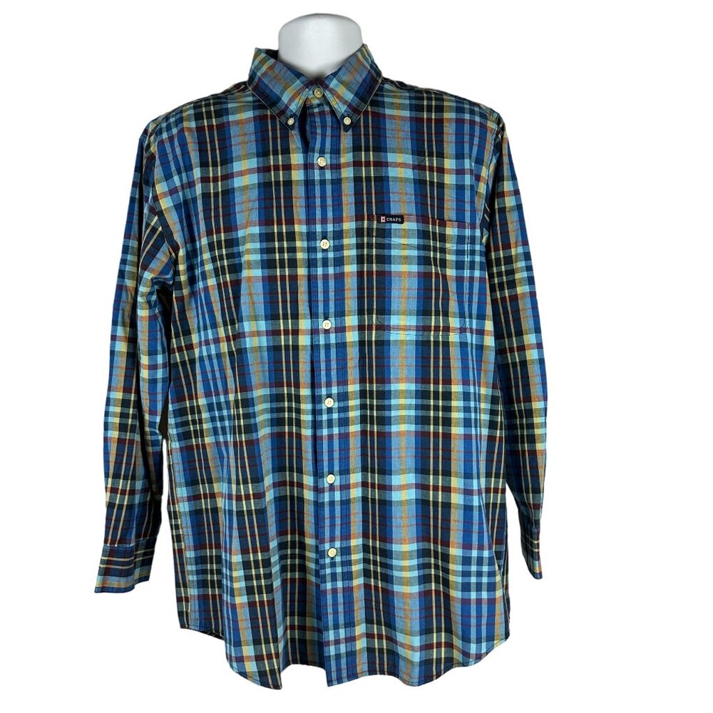 Chaps Mens Blue Plaid Long Sleeve Button-Down Shirt Size M Cotton